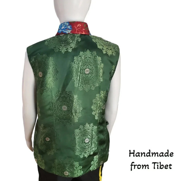 Handmade Tibetan | Women's Silk Vest | Green Damask Red Trim | Small - Picture 4 of 6